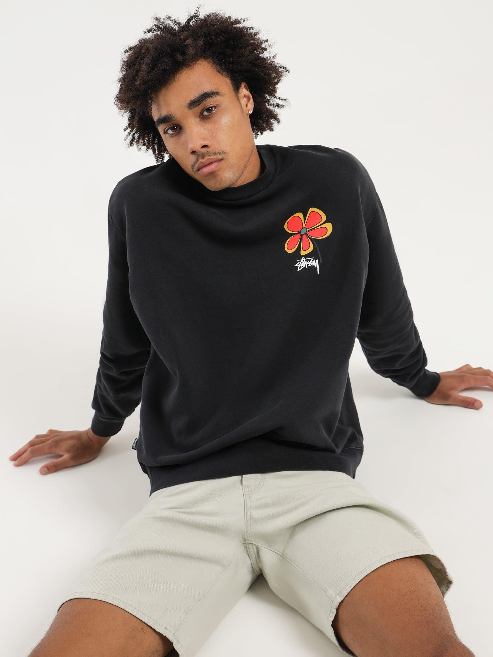 Pigment Flower 50/50 Crew Fleece In Black - Glue Store Nz