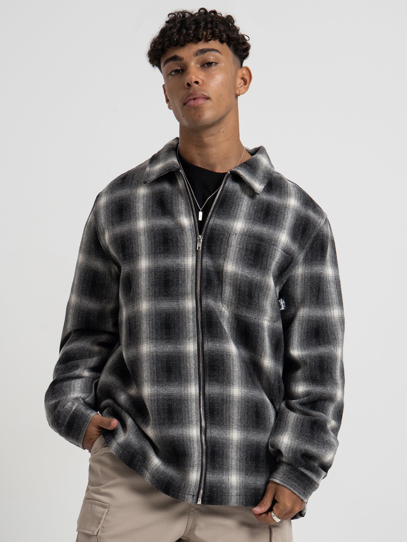 Shadow Plaid Zip Up Long Sleeve Shirt in Black - Glue Store NZ